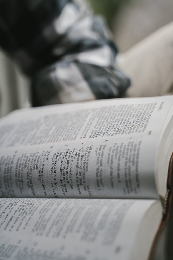 Close-up of an open Bible with visible scripture, emphasizing spiritual reflection.